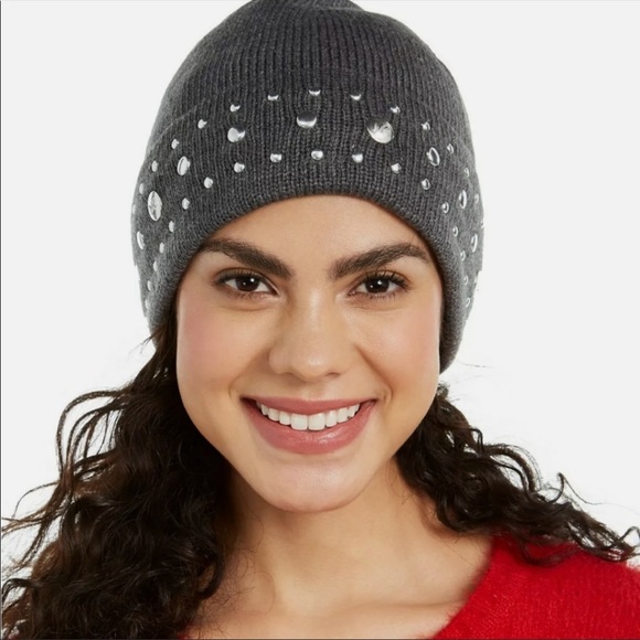 MICHAEL KORS Knit Cuff Silver Studded Grey Cuffed Beanie - Picture 2 of 6